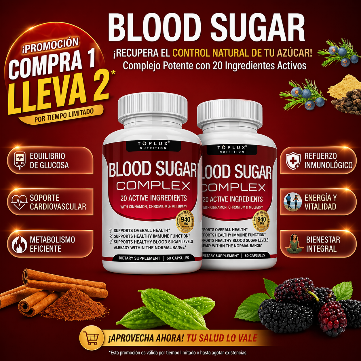 OFERTA 2X1 - Blood Sugar Suplemento - Apoya niveles saludables de azúcar en sangre